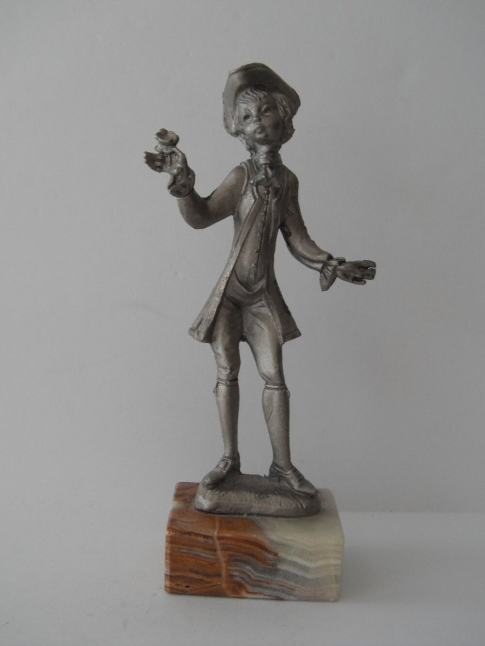 Vintage Peltro Cesellato A Mano Pewter Figure Boy Holding Flower Made in Italy